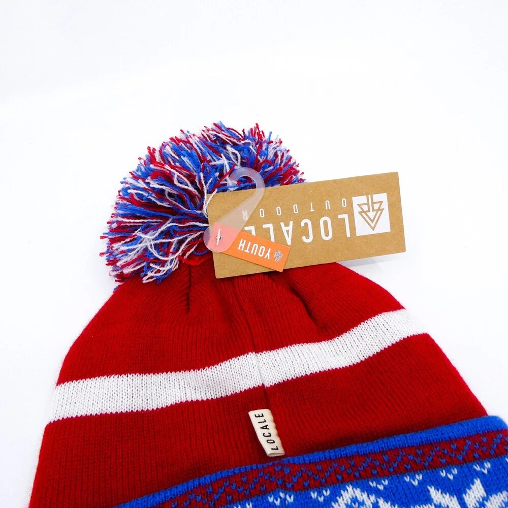 Ski‎ Winter Hat Youth One Size Red Blue Boys Nature Winter Sports Beanie Pom New